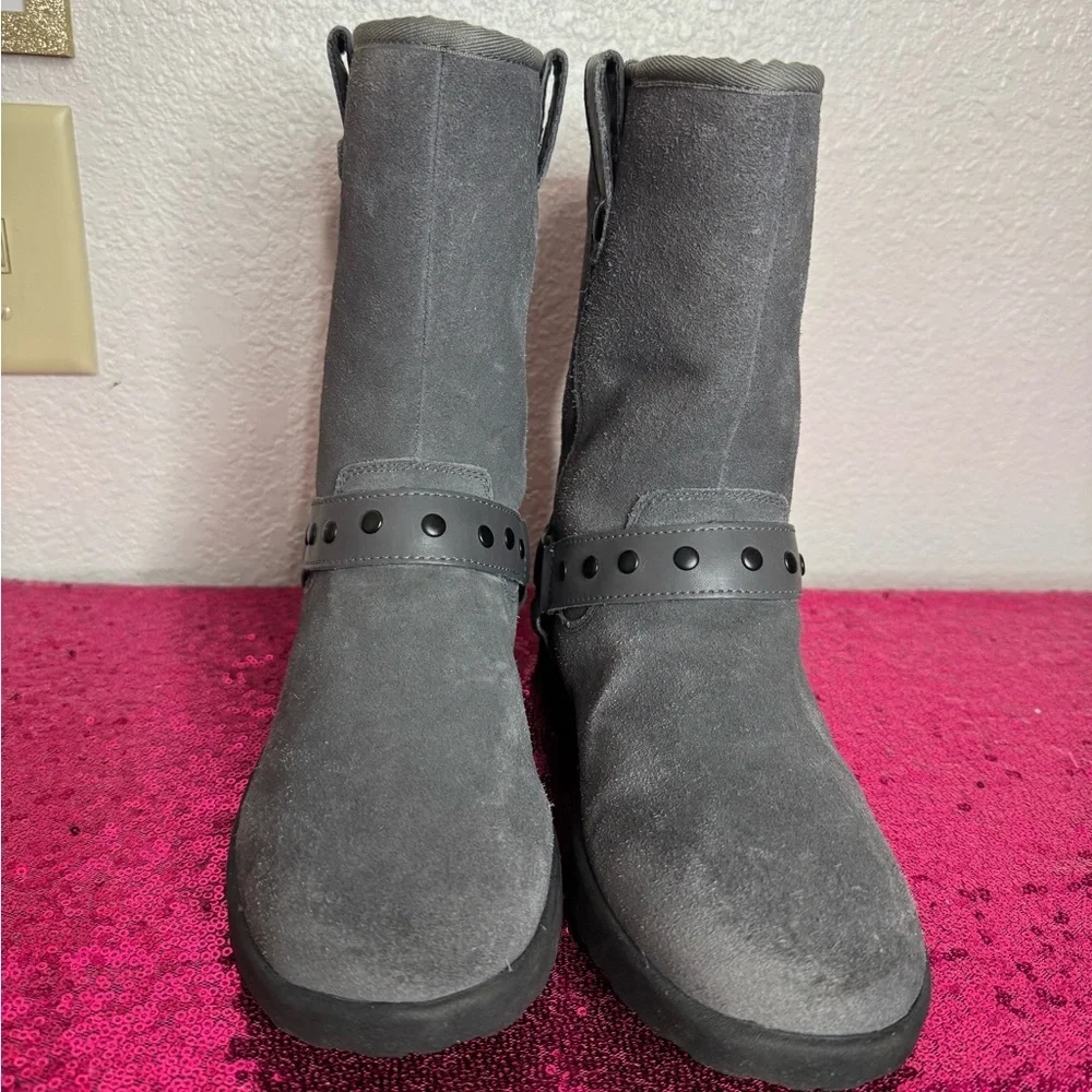 UGG 🩶 Light Charcoal Fur Boots with Ankle Strap, Heart Accent (Size 5)